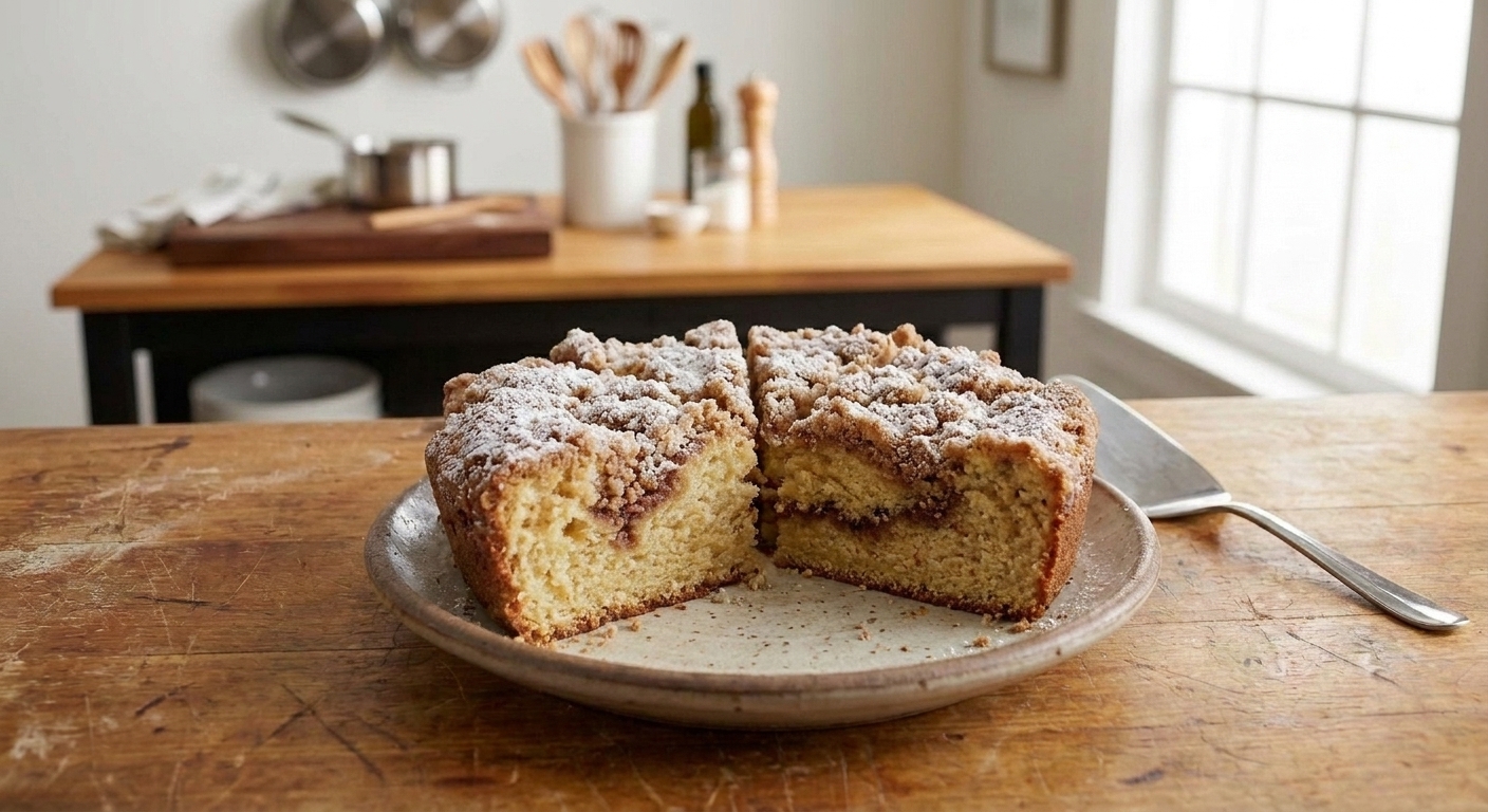 A sour cream coffee cake cut into wedges on a serving plate, showing a cinnamon streusel layer and crumbly topping on a kitchen table