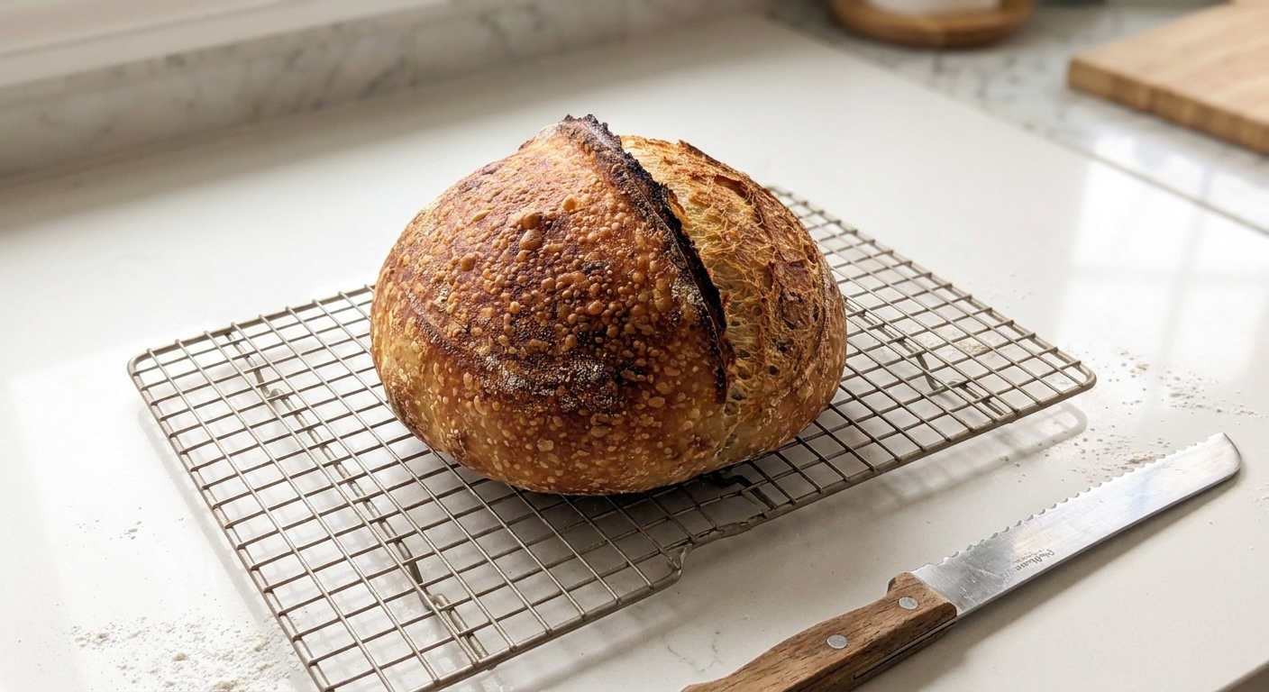 A sourdough boule cooling on a wire rack with a serrated bread knife nearby on a kitchen counter