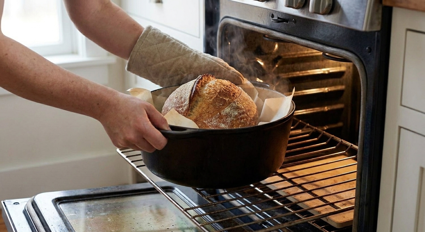 A sourdough boule on parchment being lowered into a preheated cast iron Dutch oven on an oven rack