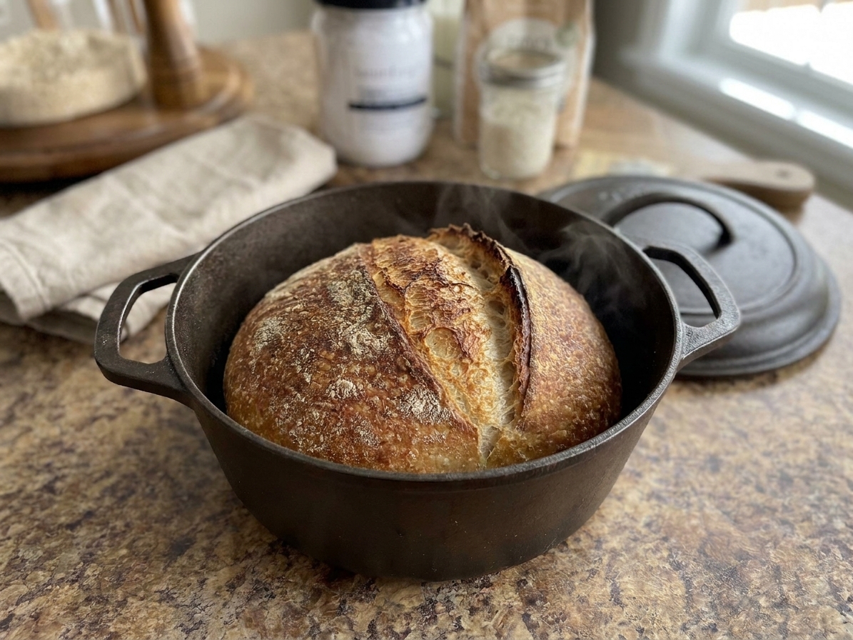 A sourdough loaf baking in a Dutch oven with the lid removed, showing a risen scored top and browned crust
