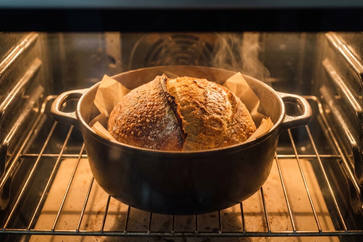 A sourdough loaf baking inside a Dutch oven with the lid off, showing a risen golden crust in a home oven