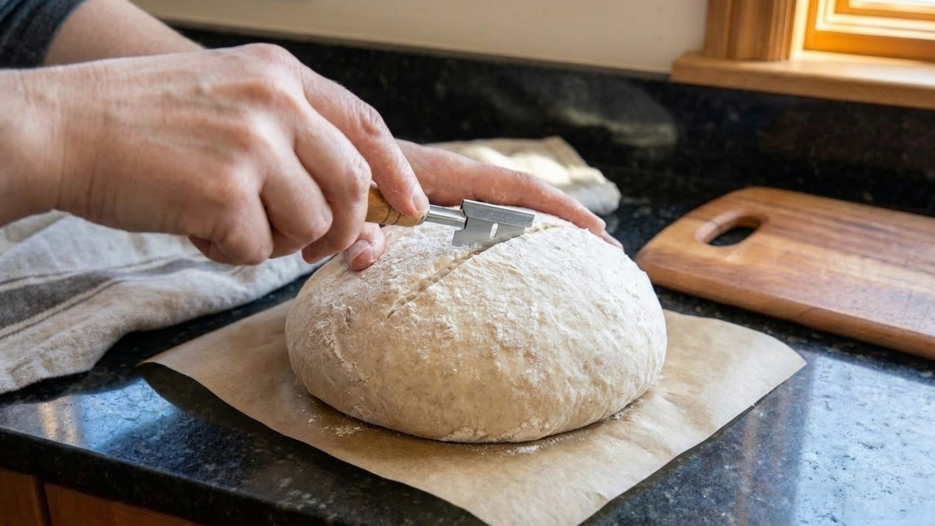 A sourdough loaf on parchment paper being scored with a sharp blade on a kitchen counter