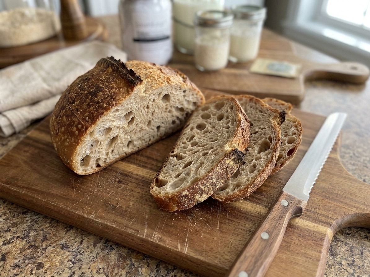A sourdough loaf sliced open to show an airy, chewy crumb and crisp crust