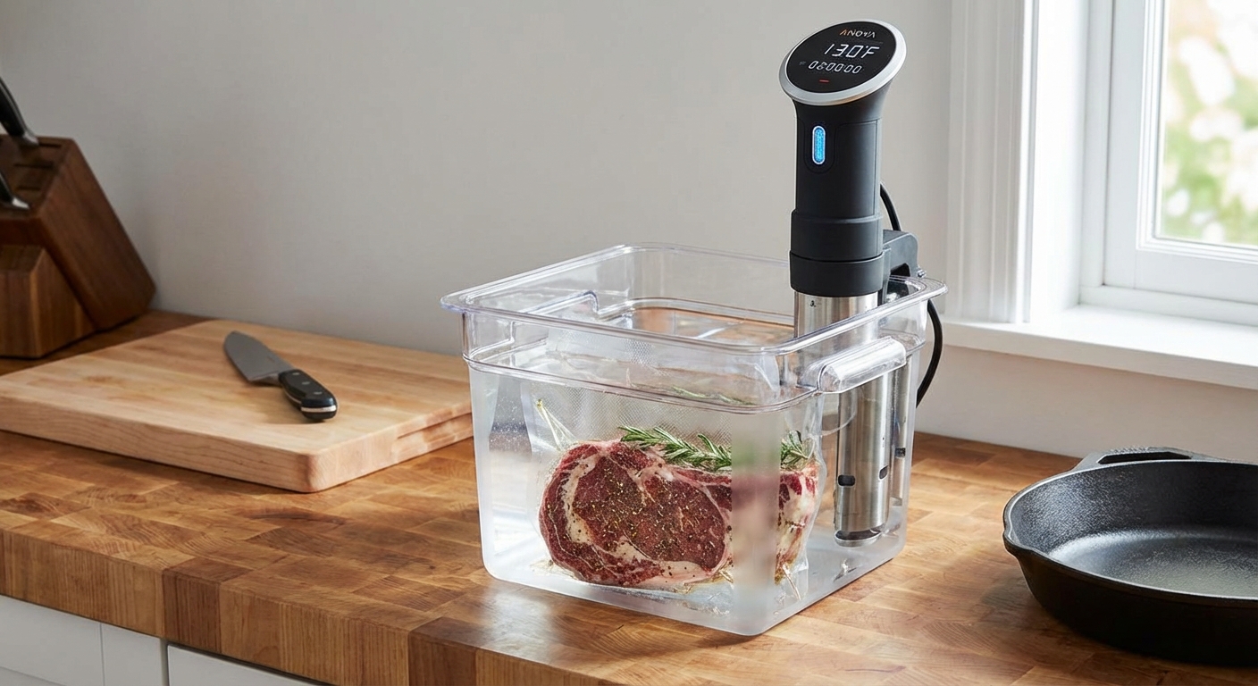 A sous vide container on a kitchen counter with a circulator clipped to the side and a steak sealed in a bag submerged in the water