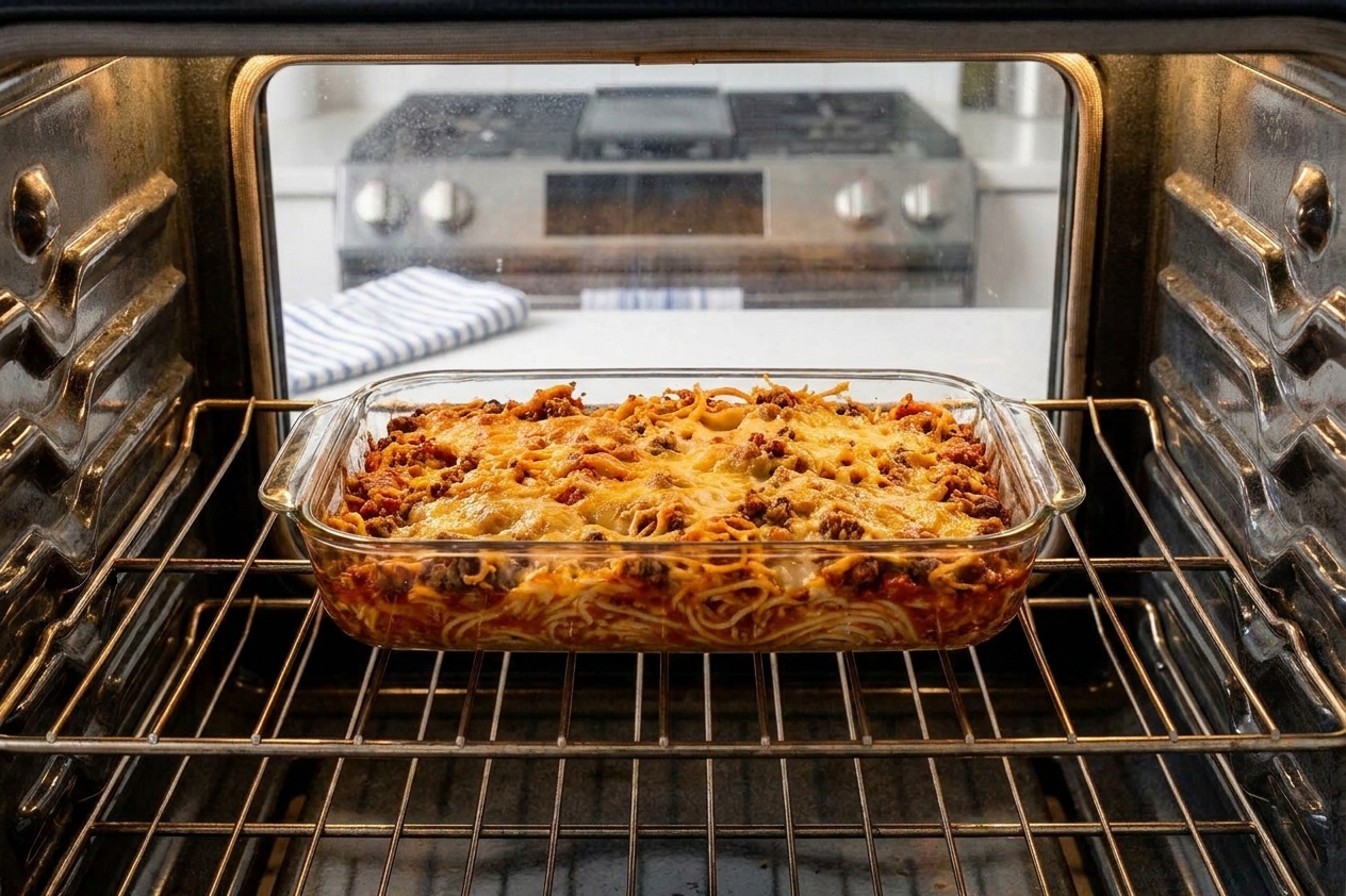 A spaghetti casserole baking on the middle rack of an oven with melted cheese bubbling on top