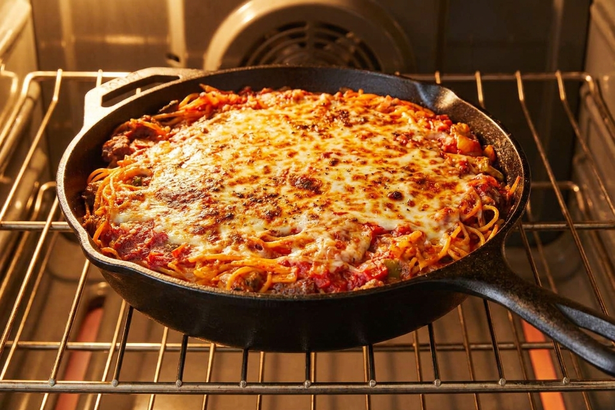 A spaghetti pie in a cast iron skillet baking on the center oven rack, cheese bubbling and lightly browned