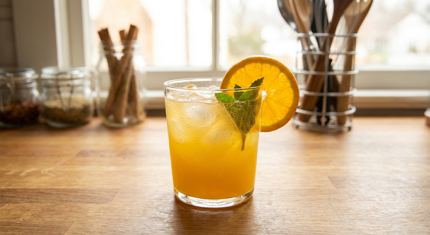 A sparkling citrus mocktail in a glass with an orange slice garnish