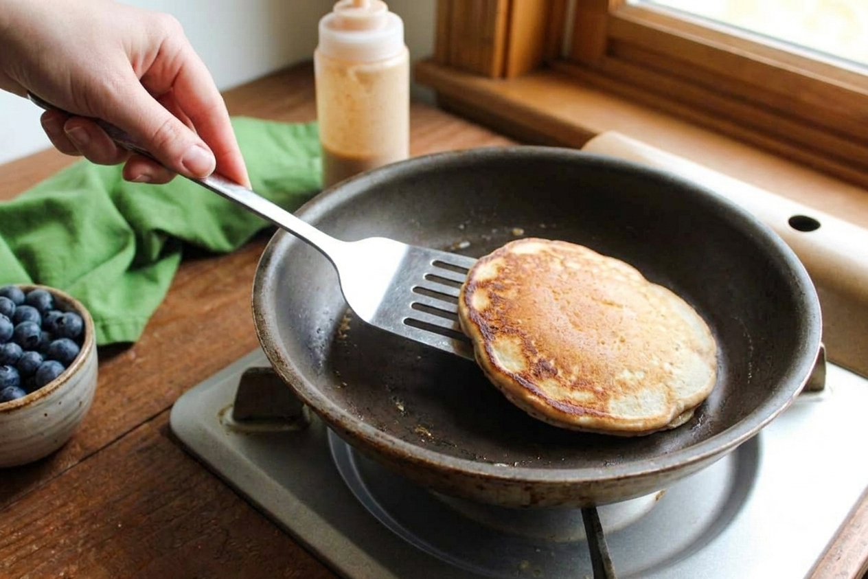 A spatula flipping a golden pancake in a nonstick skillet on a stovetop