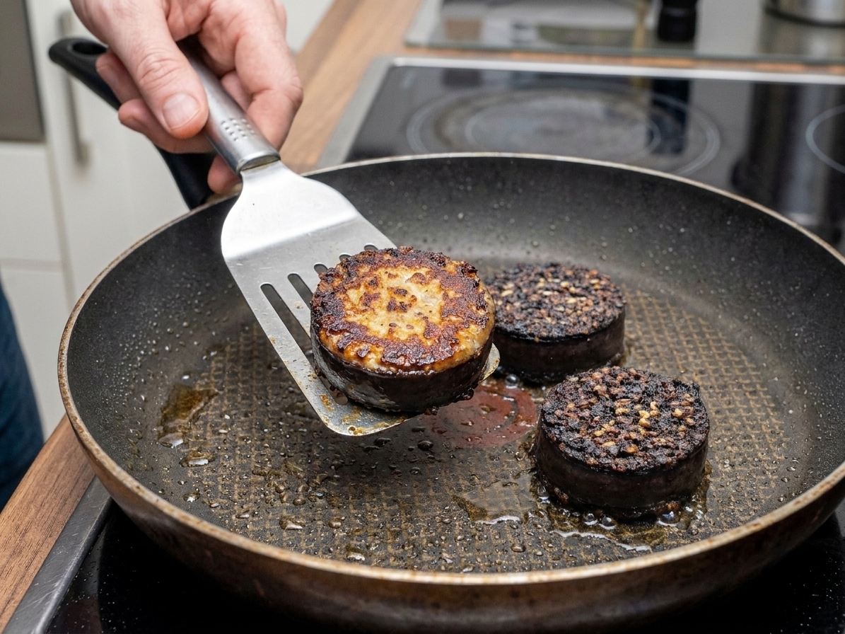 A spatula flipping browned slices of black pudding in a skillet, showing crisp edges and golden-brown crust