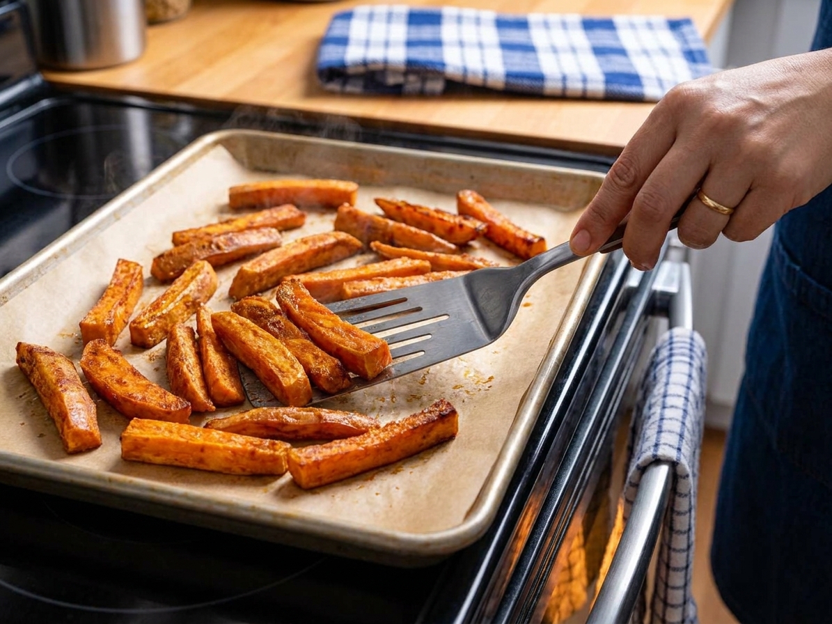 A spatula flipping caramelized yam fries on a parchment-lined sheet pan near an open oven, cozy home kitchen lighting