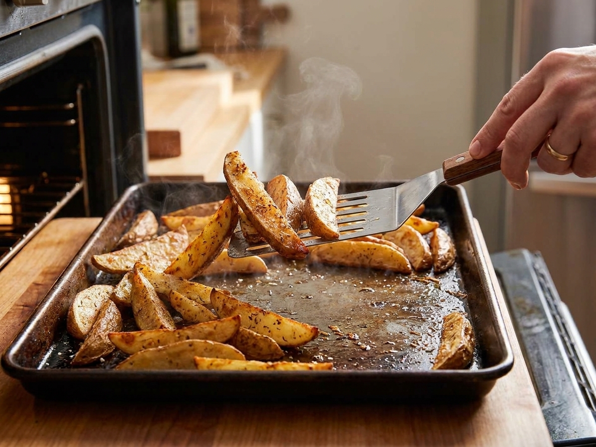 A spatula flipping golden oven fries on a hot sheet pan halfway through roasting