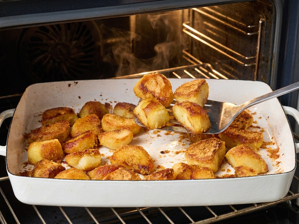 A spatula flipping golden roast potato chunks on a hot sheet pan inside an oven, showing crisp browned edges