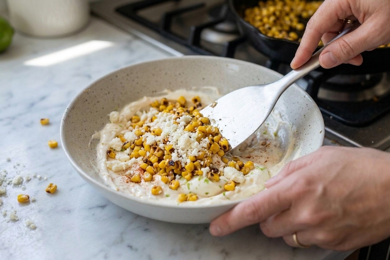 A spatula folding charred corn and crumbled cotija into a creamy dip mixture in a large bowl