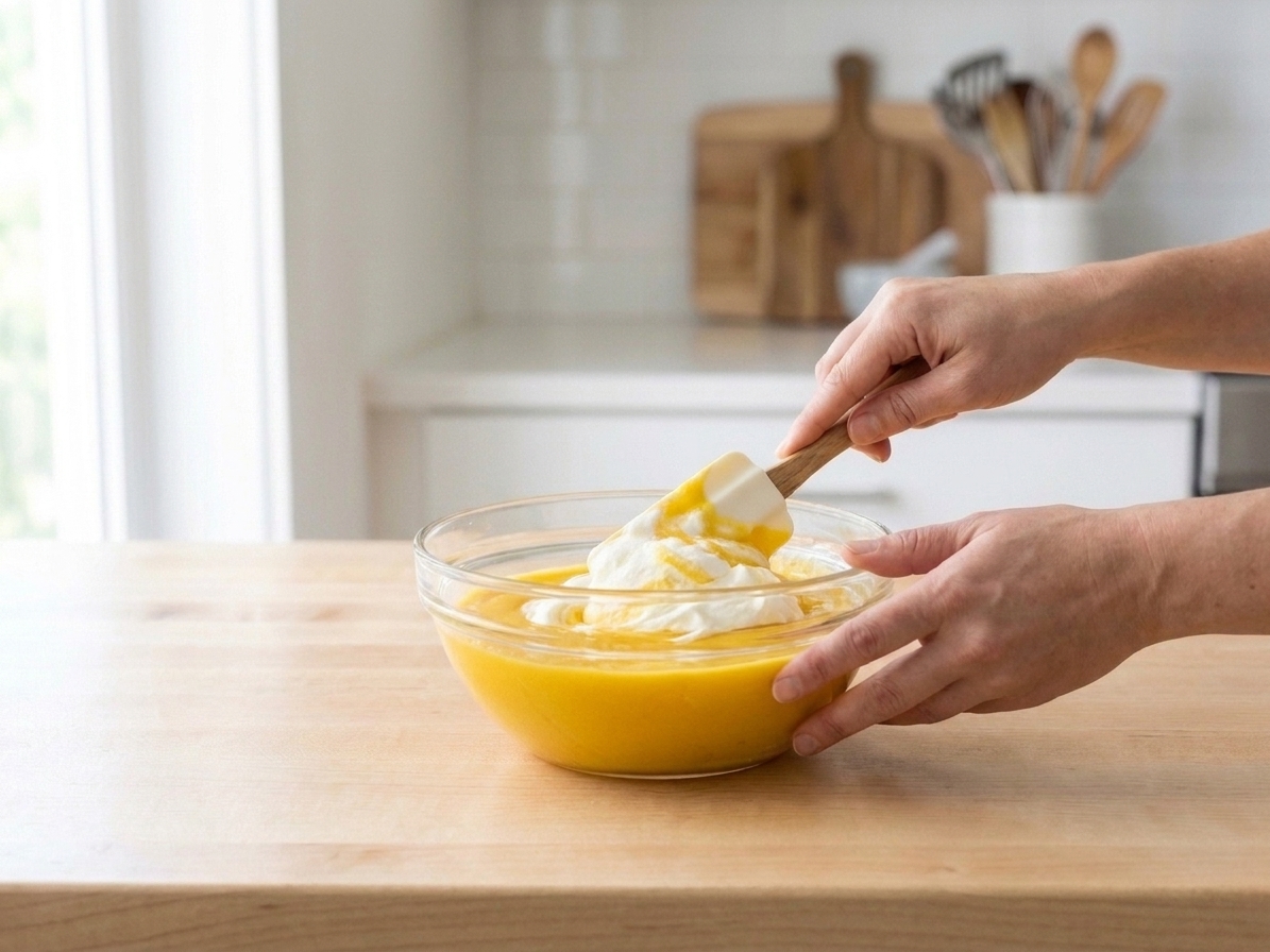 A spatula folding softly whipped cream into a bowl of mango mixture on a kitchen counter