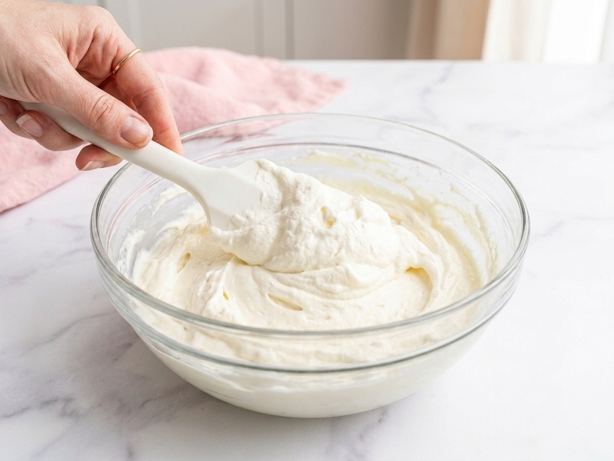 A spatula gently folding whipped cream into a bowl of Greek yogurt frosting until fluffy