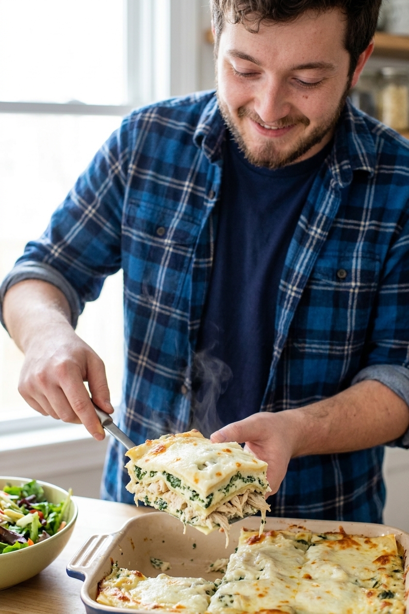 A spatula lifting a creamy slice of white chicken lasagna from a baking dish, showing layers of noodles, spinach ricotta filling, shredded chicken, and melted mozzarella