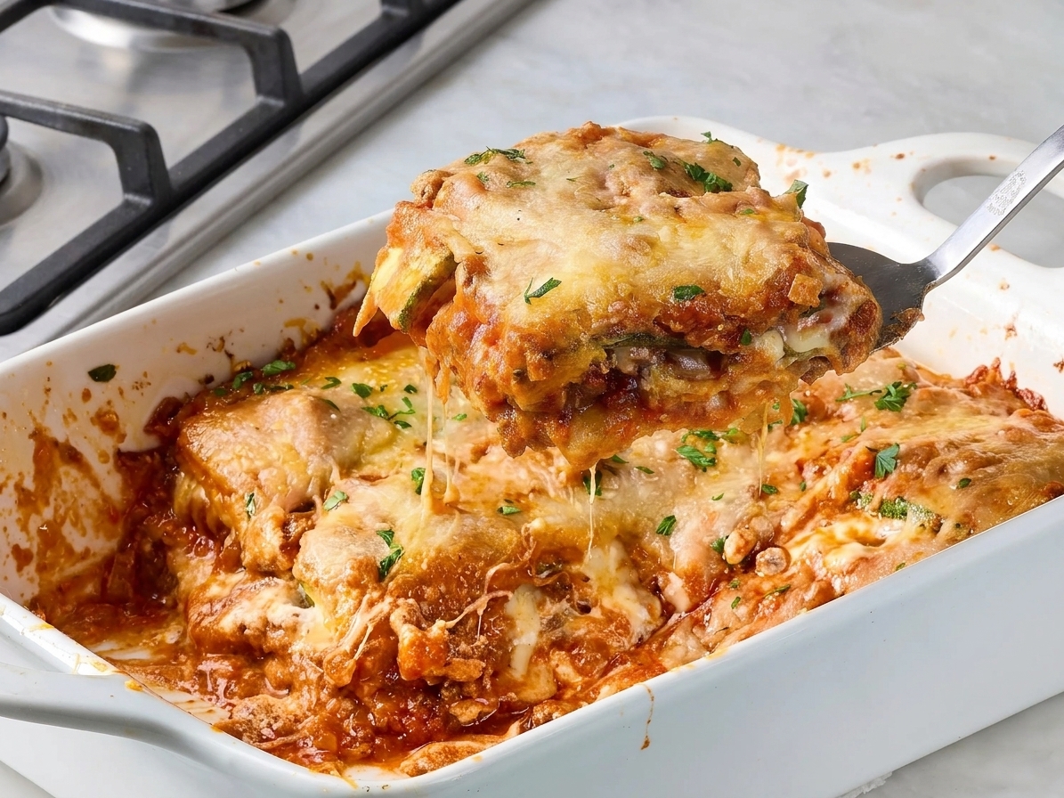 A spatula lifting a neatly cut square of vegetable lasagna from a baking dish, showing layers of noodles, vegetables, marinara, and melted cheese
