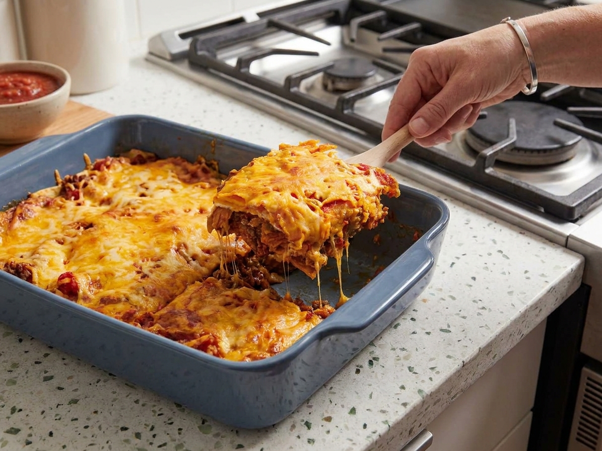A spatula lifting a square slice of Mexican lasagna from the baking dish, showing tortilla layers, beef filling, and melted cheese