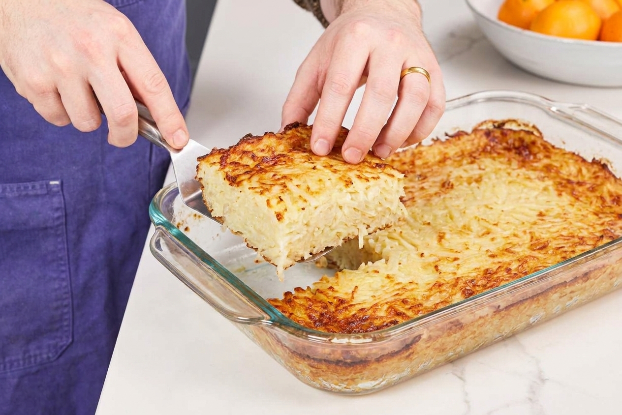 A spatula lifting a square slice of potato kugel from a baking dish, showing crispy browned edges and a tender interior