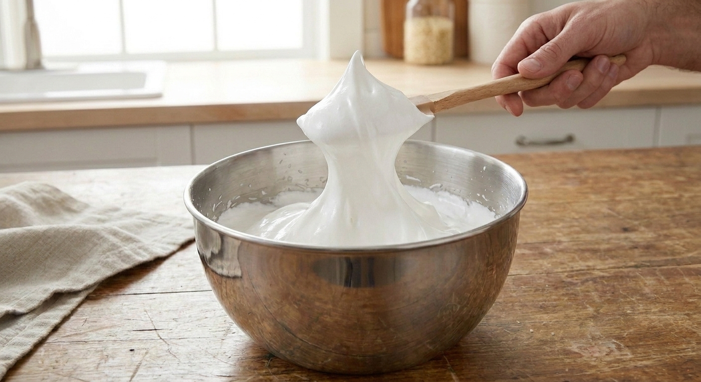 A spatula lifting a tall, glossy peak of marshmallow fluff from a mixing bowl on a bright kitchen counter