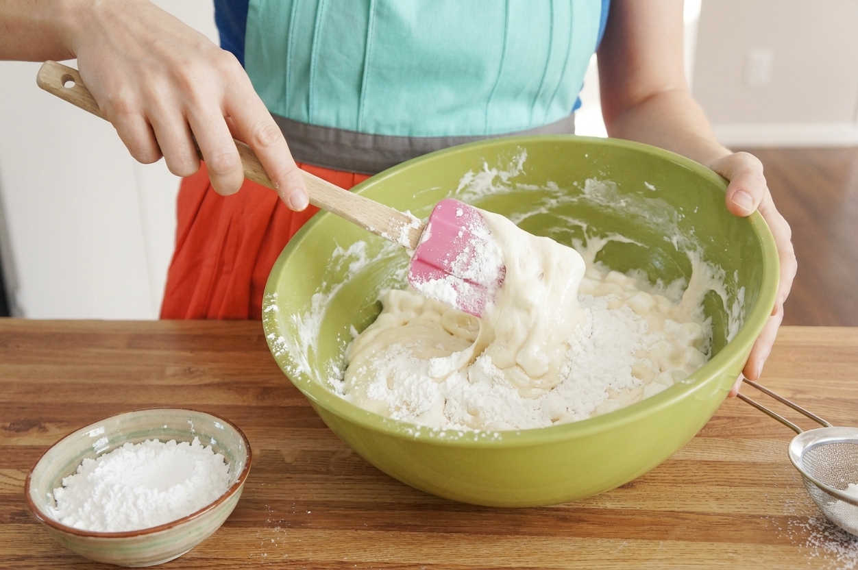 A spatula mixing powdered sugar into melted marshmallows in a large bowl