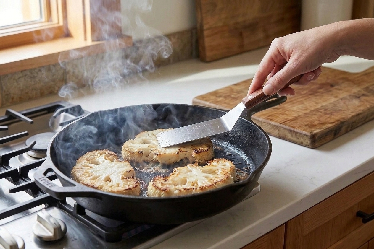 A spatula pressing down on lion’s mane mushroom slabs searing in a hot skillet as moisture releases and edges begin to brown
