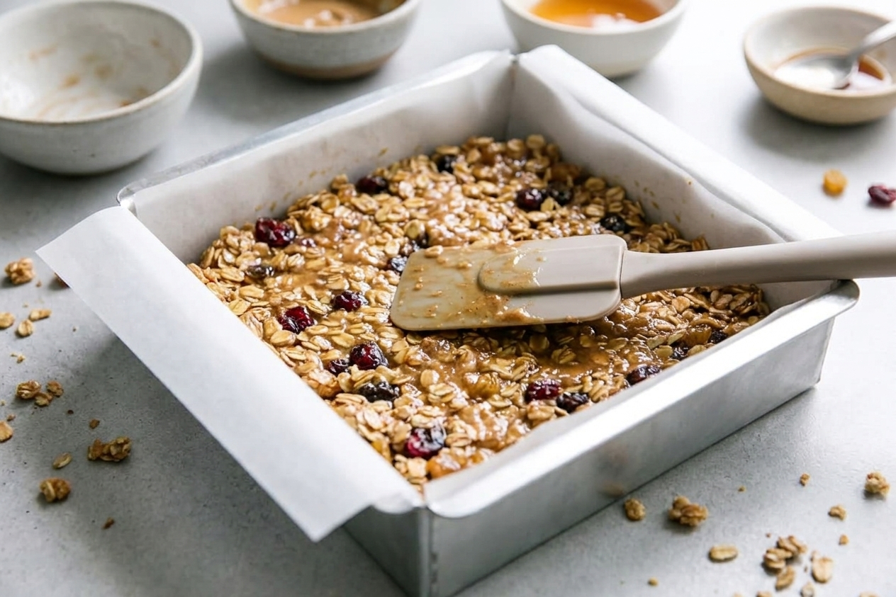 A spatula pressing sticky oat granola mixture firmly into a parchment-lined square baking pan on a kitchen counter