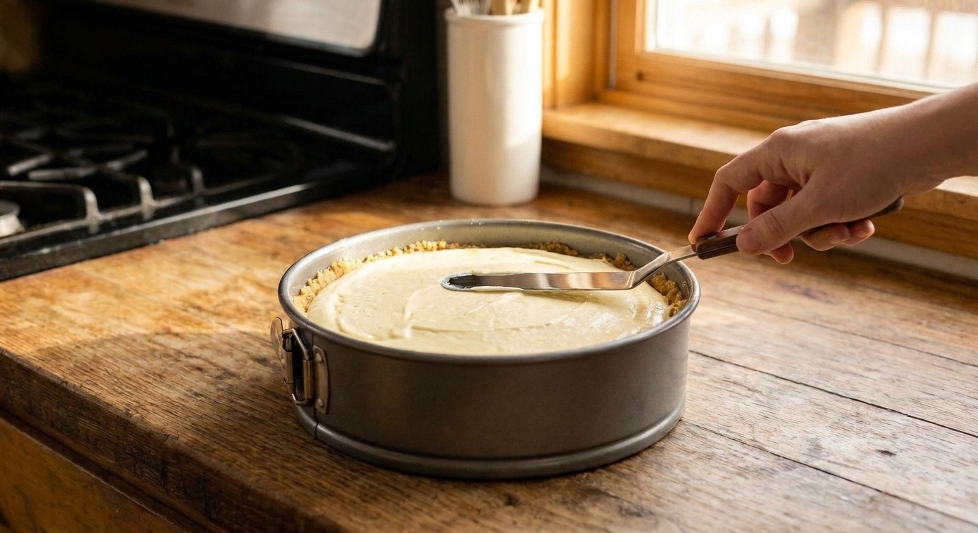 A spatula smoothing creamy cheesecake batter in a springform pan on a kitchen counter