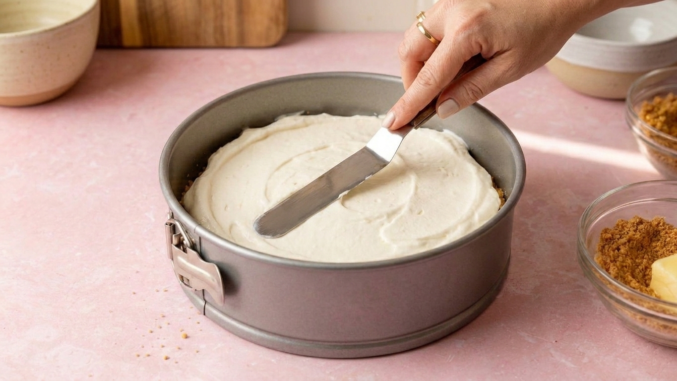 A spatula smoothing creamy no-bake cheesecake filling in a springform pan over a graham cracker crust