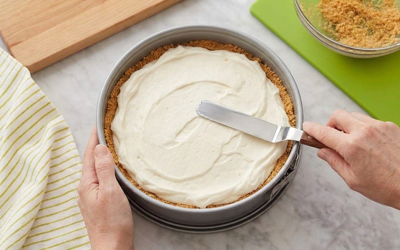 A spatula smoothing the creamy cheesecake filling in a springform pan on a kitchen counter
