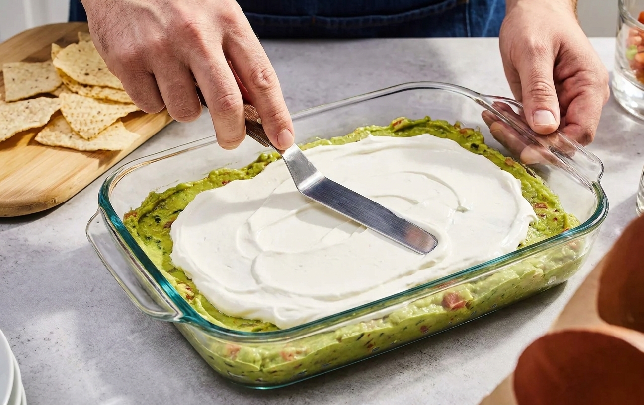 A spatula spreading a smooth sour cream layer over guacamole in a glass baking dish on a kitchen counter