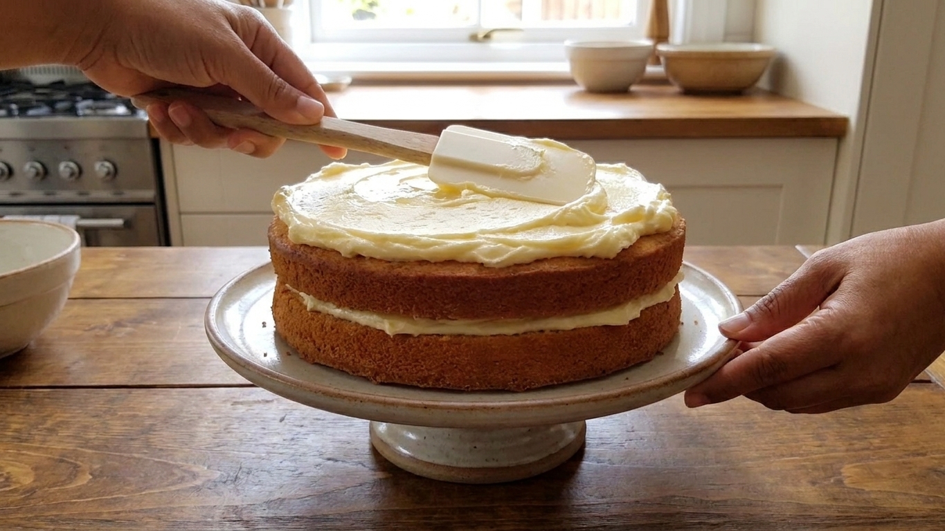 A spatula spreading a thick layer of buttercream icing over a cooled cake on a stand in a bright kitchen