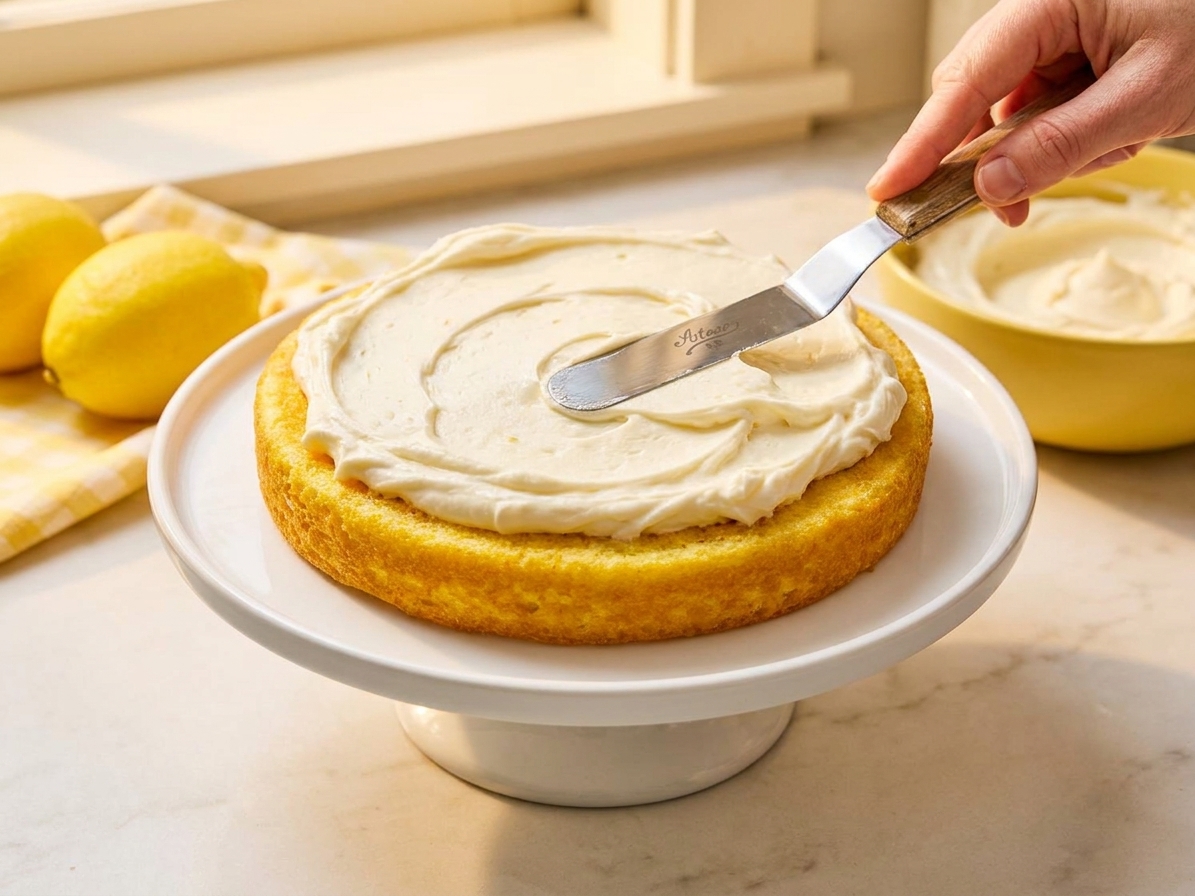 A spatula spreading a thick layer of cream cheese icing across the top of a cake on a cake stand in a bright home kitchen
