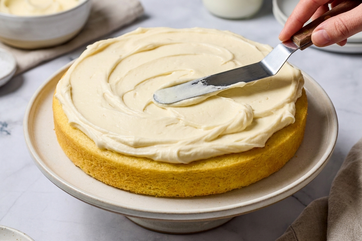 A spatula spreading a thick layer of cream cheese icing over the top of a simple cake on a stand, with soft swirls forming