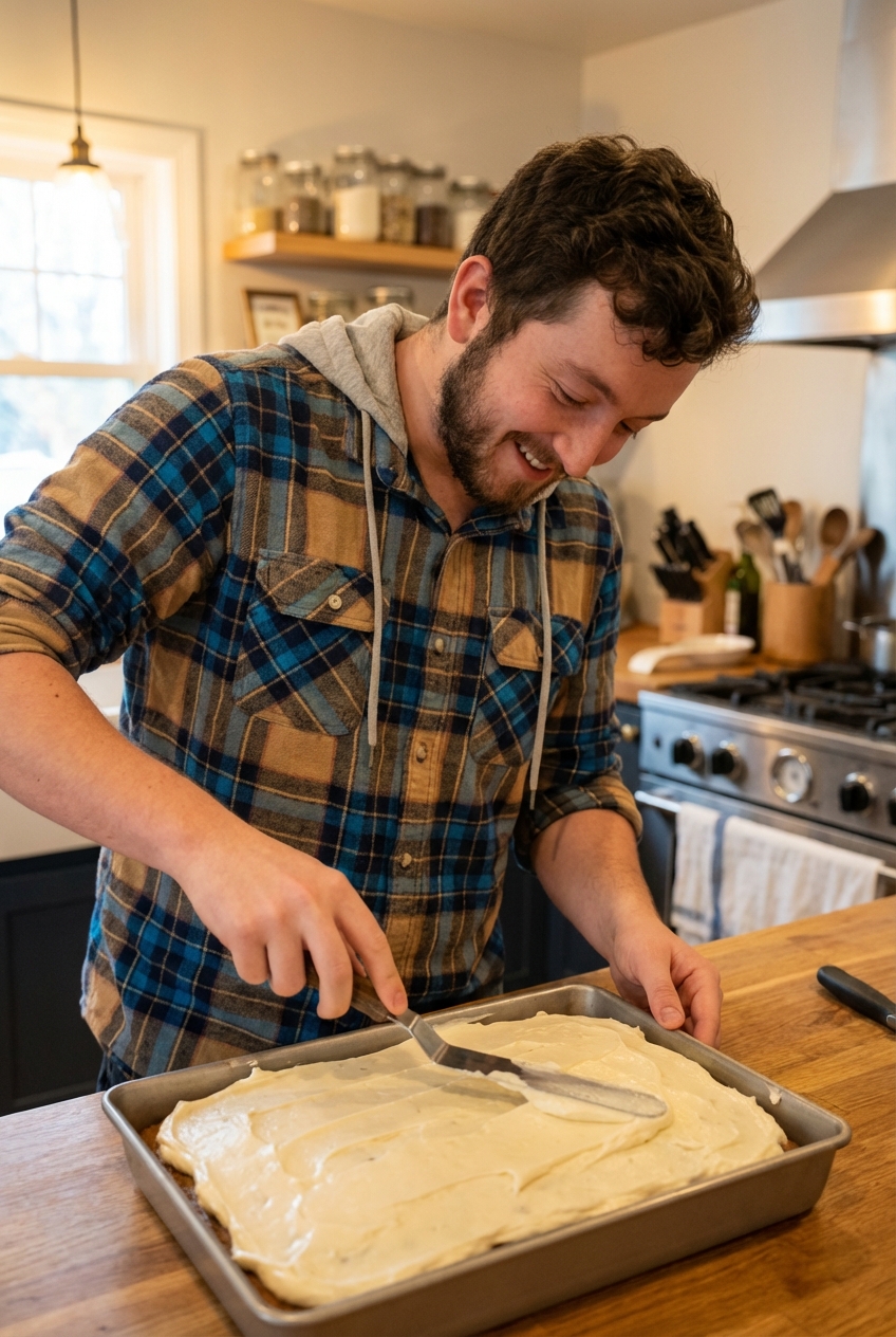 A spatula spreading cream cheese frosting over a cooled banana sheet cake in a baking pan