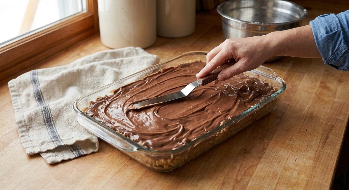 A spatula spreading melted chocolate butterscotch topping evenly over a pan of peanut butter cereal bars on a kitchen counter