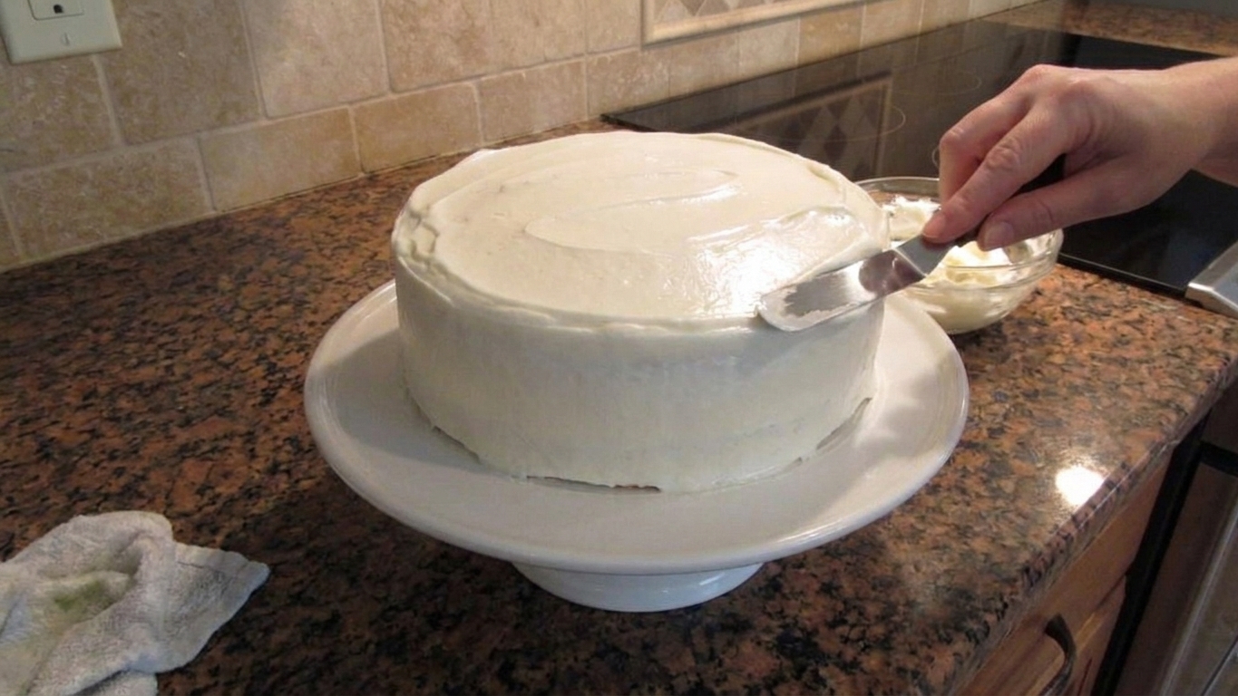 A spatula spreading smooth Swiss meringue buttercream over a cake layer on a turntable, with a clean kitchen setup and soft natural light