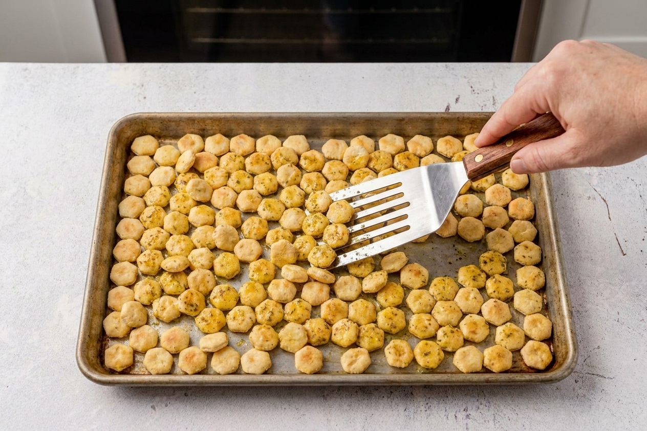A spatula stirring ranch-seasoned oyster crackers halfway through baking on a sheet pan