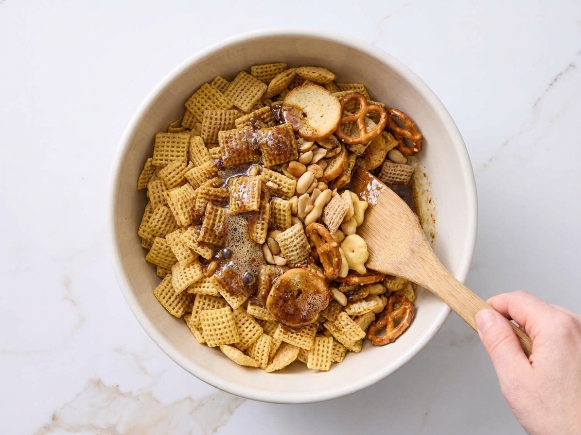 A spatula tossing Chex Mix in a large bowl as the seasoning butter coats the cereal and pretzels