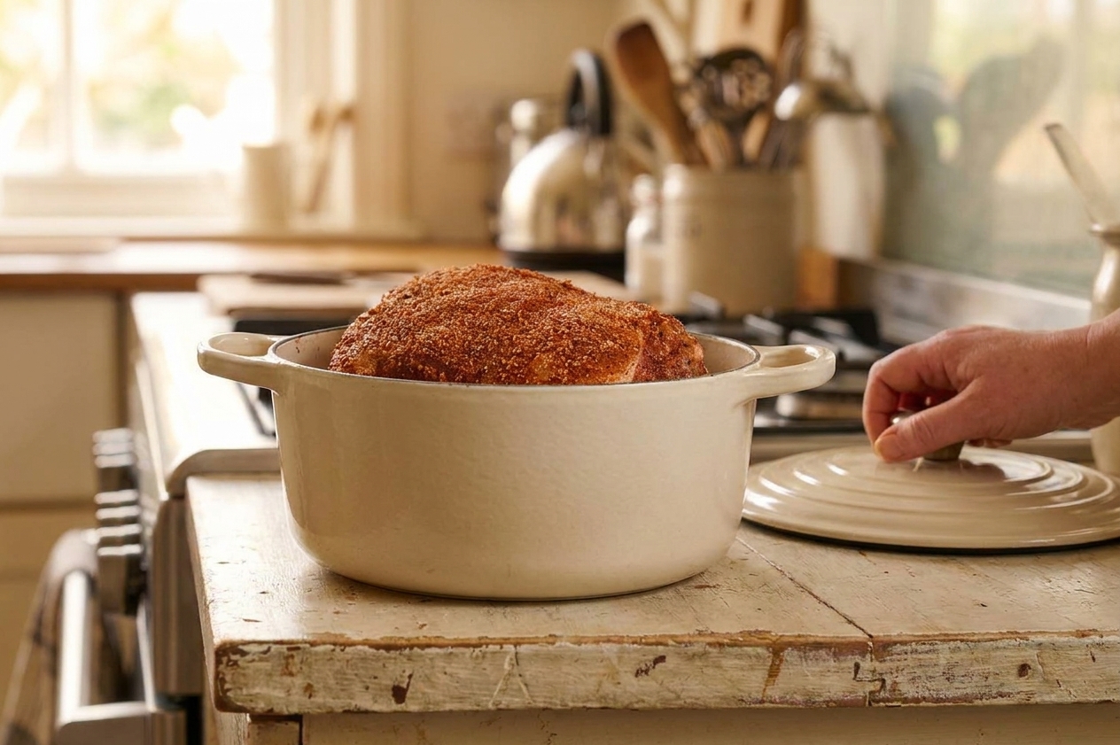 A spice-rubbed pork shoulder sitting in a Dutch oven before roasting on a kitchen counter