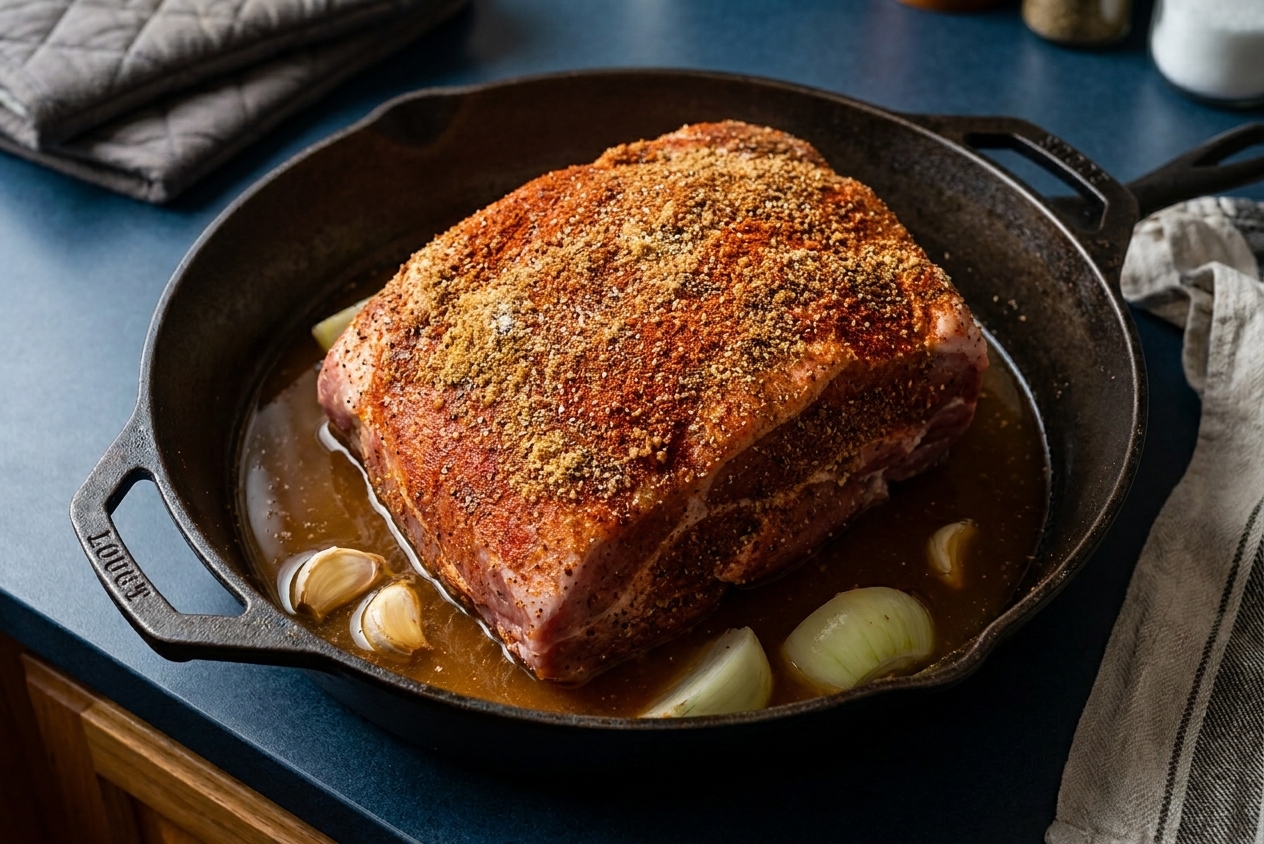 A spice-rubbed pork shoulder sitting in a roasting pan with a small amount of liquid in the bottom, ready for the oven