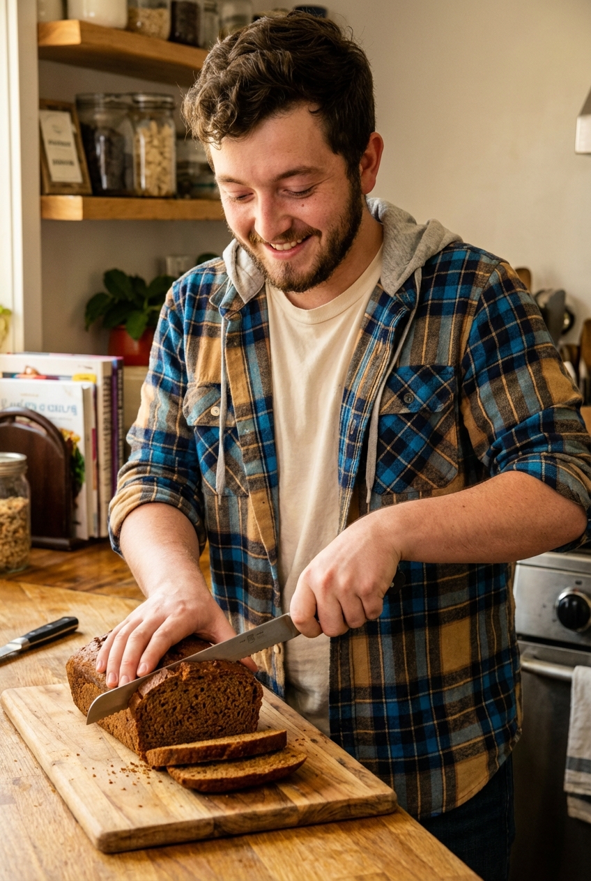 A spiced bread loaf being sliced on a cutting board with a serrated knife