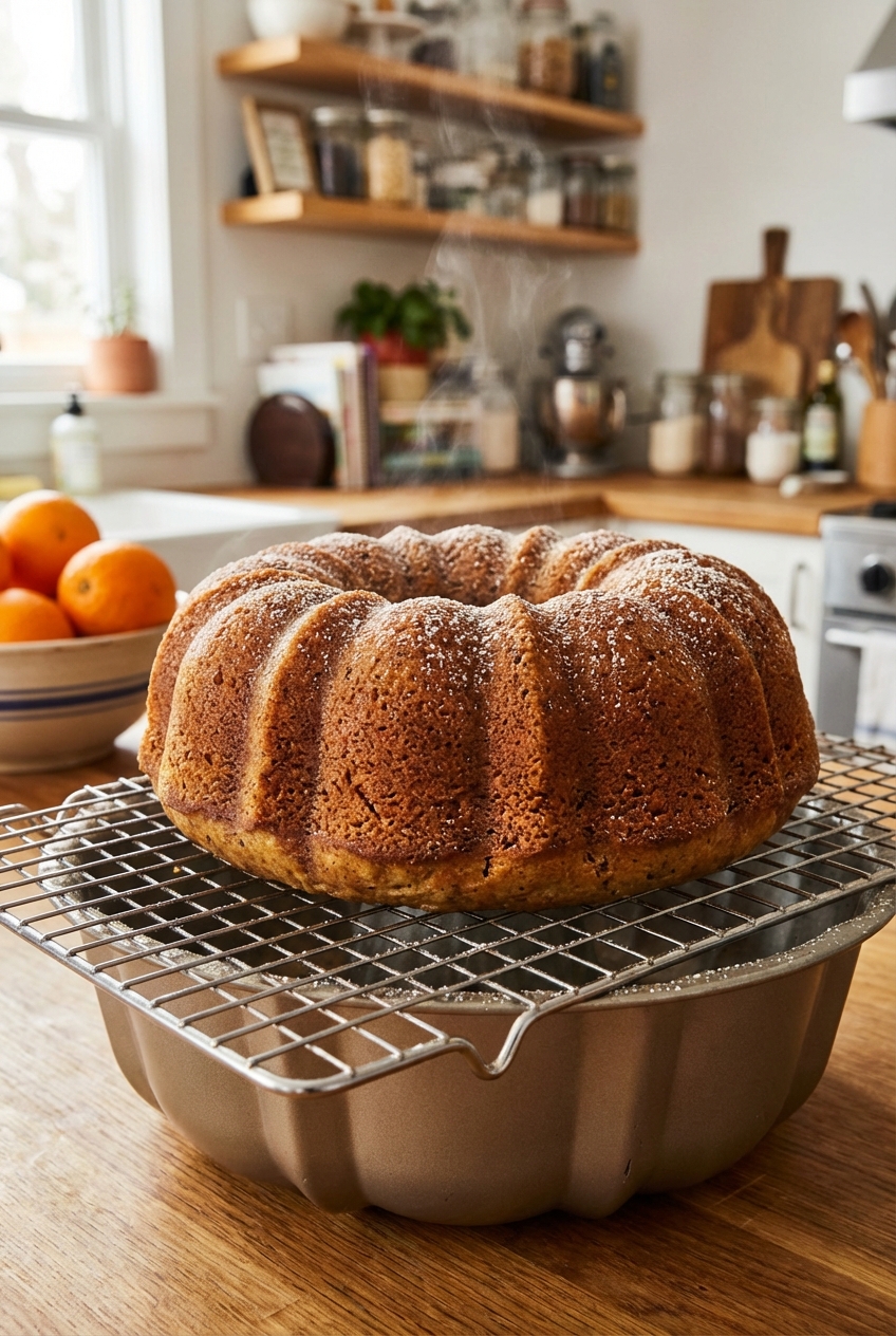 A spiced bundt cake cooling upside down on a wire rack after being released from the pan