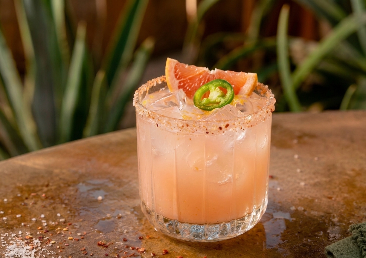 A spicy paloma cocktail in a salt and chili rimmed glass filled with ice, pale pink grapefruit fizz, a grapefruit wedge, and a thin jalapeño slice on a sunlit kitchen counter