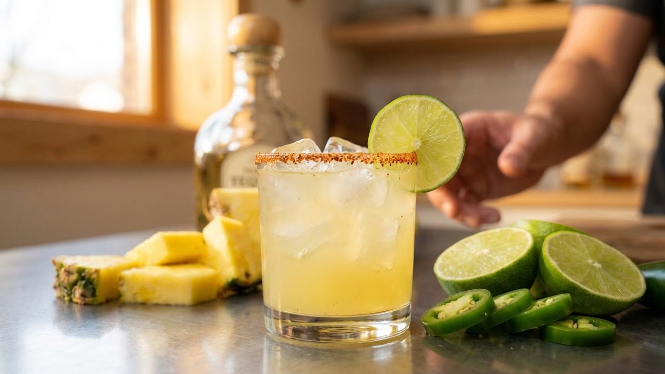 A spicy pineapple tequila cocktail in a rocks glass with a Tajín rim, clear ice, and a lime wheel on a warm kitchen counter with soft natural light