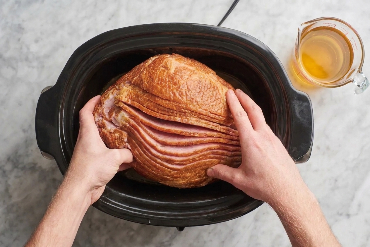 A spiral cut ham being set into a slow cooker insert with a measuring cup of apple juice nearby on a clean counter