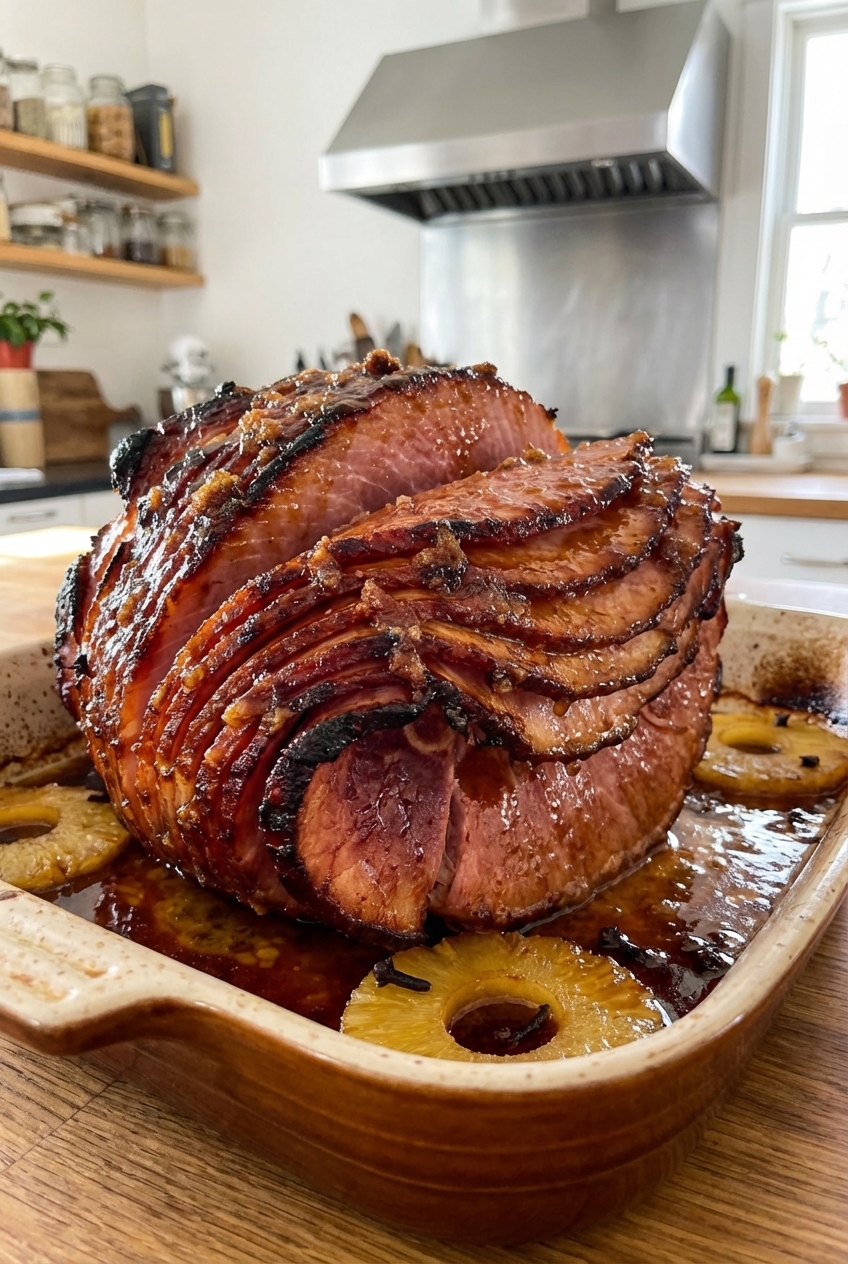 A spiral-cut ham in a roasting pan brushed with glossy brown sugar and honey glaze, caramelized at the edges