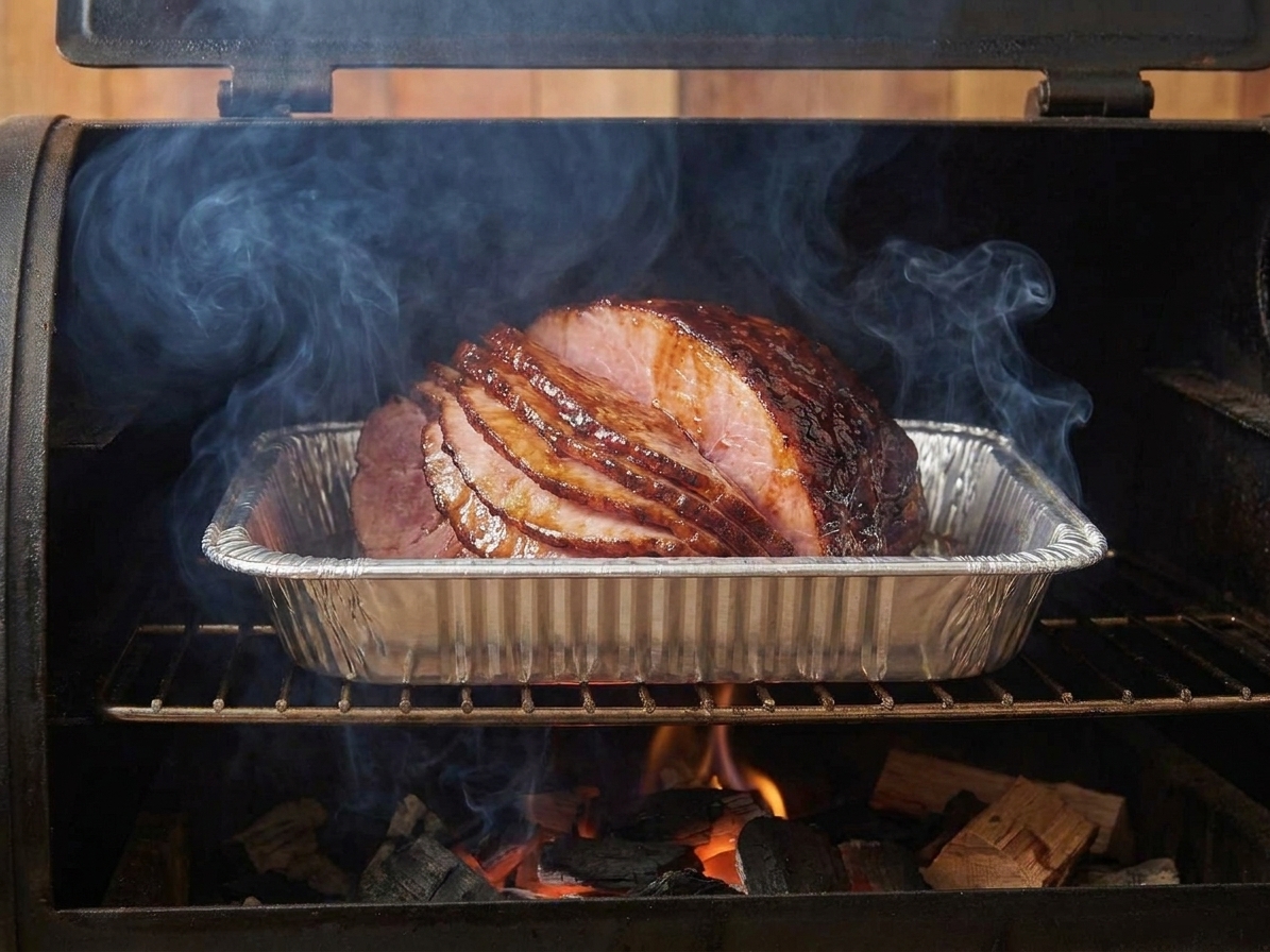 A spiral-cut ham sitting cut-side down in a disposable aluminum pan inside a backyard smoker, with light smoke rising