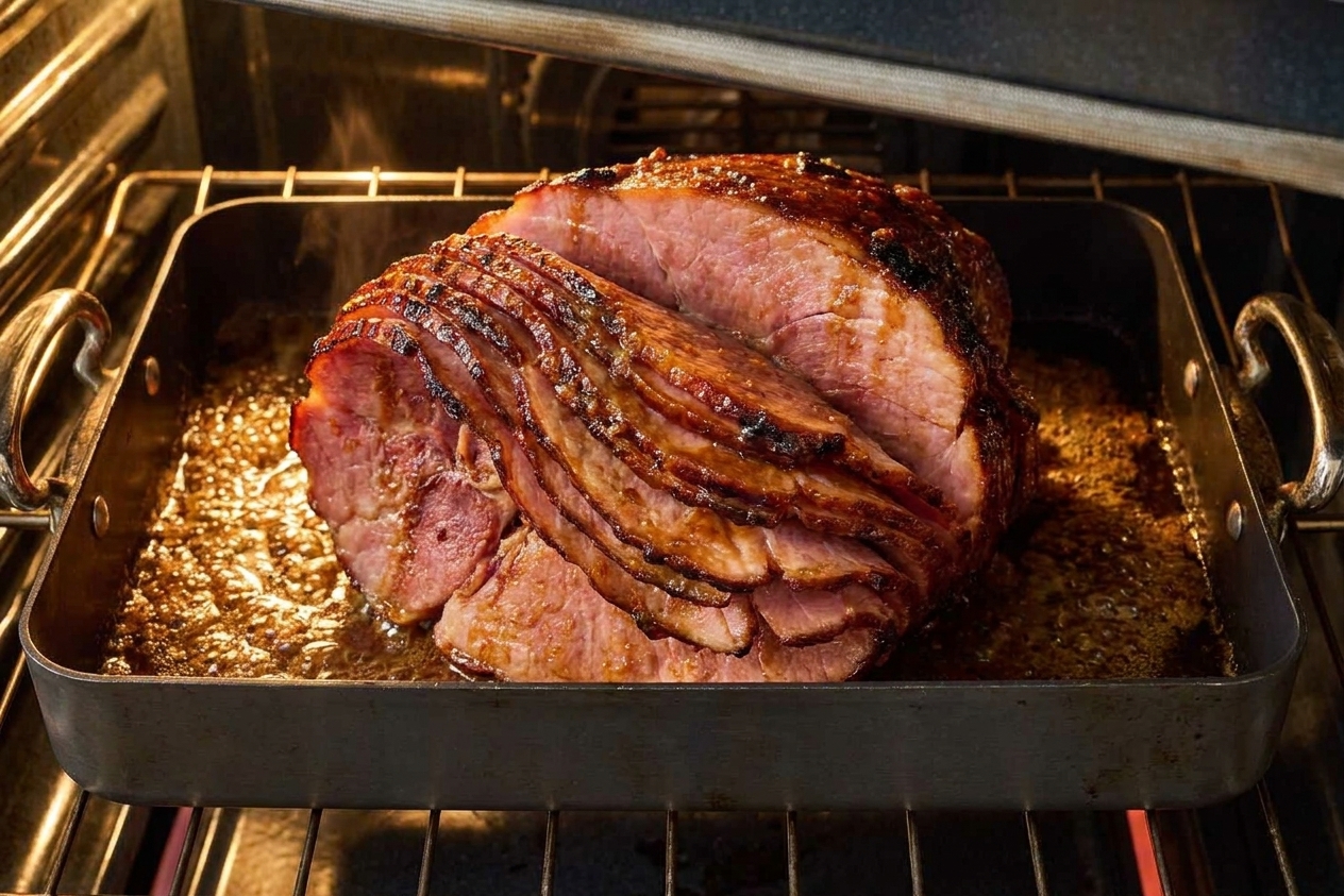 A spiral ham in a roasting pan in an oven with the surface bubbling and caramelizing as the brown sugar glaze bakes