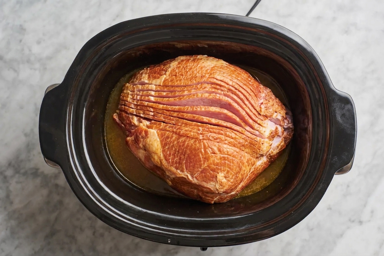 A spiral ham positioned cut-side down inside a slow cooker with a small amount of liquid at the bottom
